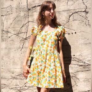 NWT Greylin Lora Square Neck Gingham and Fruit Print Cap Sleeve Dress Size Large